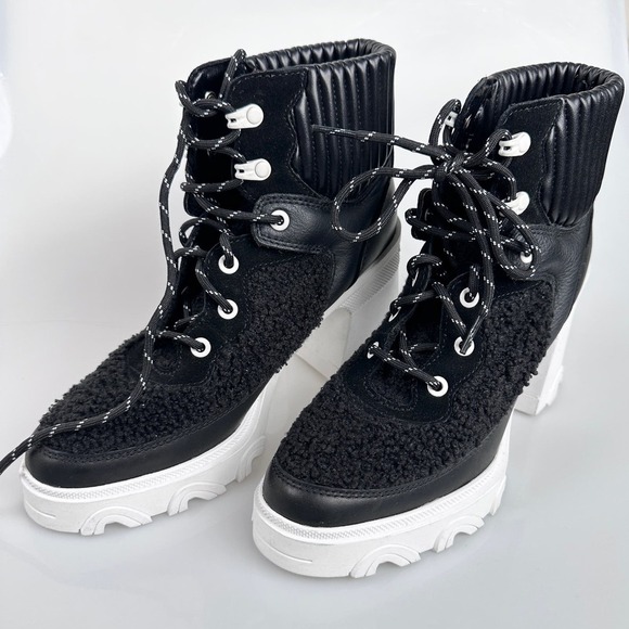 NEW SOREL Brex Leather & Faux Shearling Block Heel Lace-Up Bootie US 8.5 - Picture 5 of 15